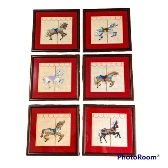 Carousel horse needlepoint set of 6 framed and matted handcrafted - Picture 2 of 10